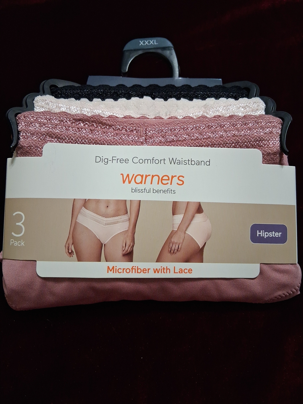 Warner's Women’s Microfiber Lace Hipster Panties - 3 Pack (Blush, Black, Cream)